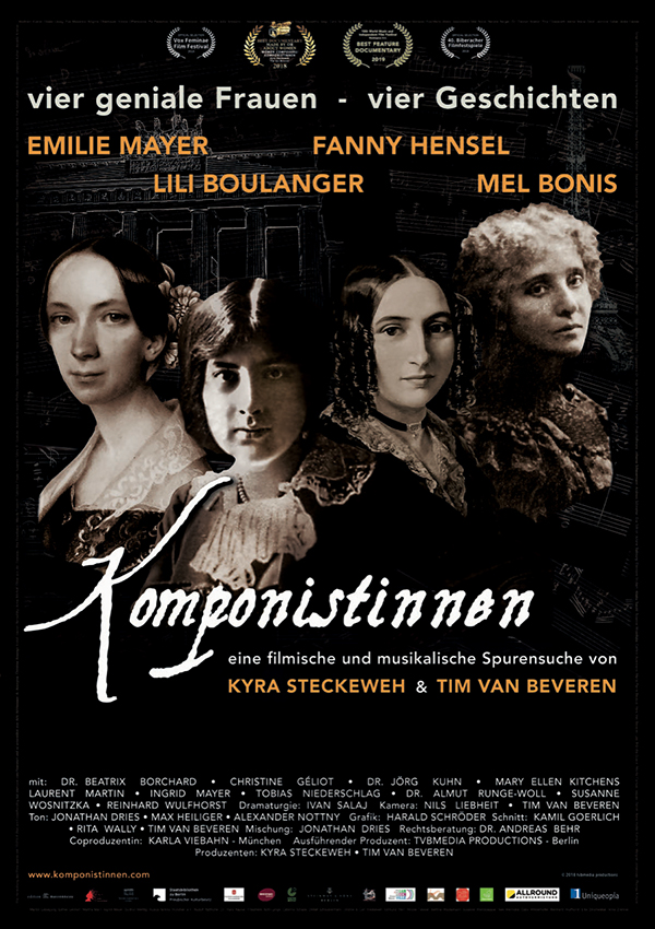 Filmplakat Komponistinnen. Vor dunklem Hintergrund sind Porträts von vier Frauen Emilie Mayer, Lili Boulanger, Fanny Hensel und Mel Bonis zu sehen. In der Mitte steht in weißer Schrift der Titel.