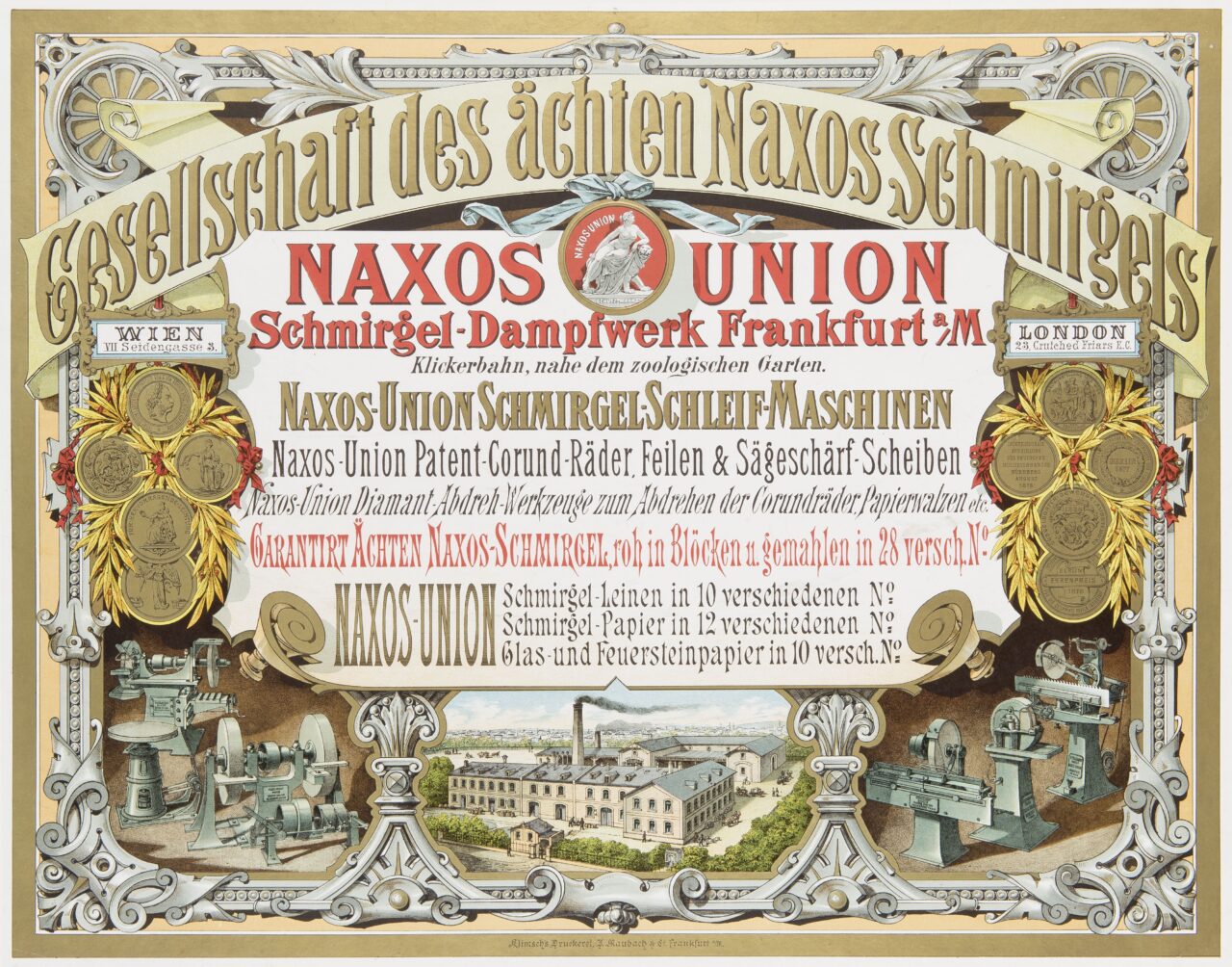 Historisches Werbeplakat der Firma Naxos-Union aus Frankfurt am Main, um 1880, mit prunkvoller Schriftgestaltung, Medaillen und Abbildungen von Schleifmaschinen.