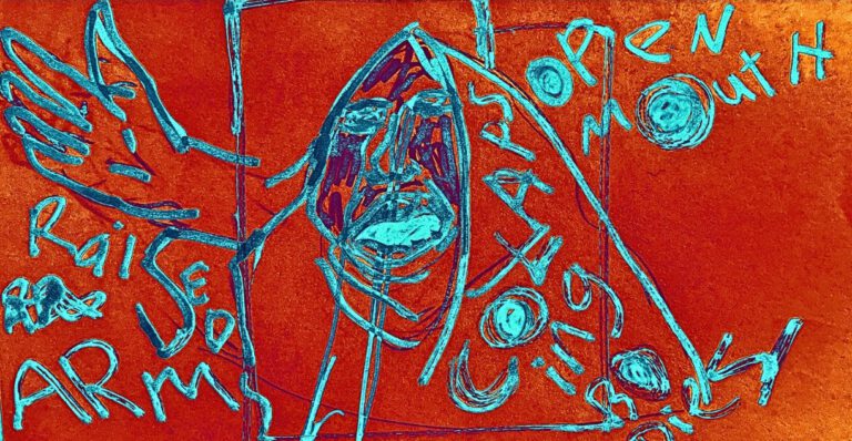 Abstract neon-blue drawing on an orange-red background: a figure with raised arms, open mouth, and words like ‘RAISED ARMS’ and ‘OPEN MOUTH’ around it.