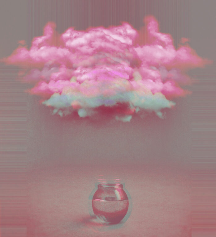 Digital bearbeitete Grafik: Über einem Glasgefäß mit Wasser schwebt eine große rosa Wolke.