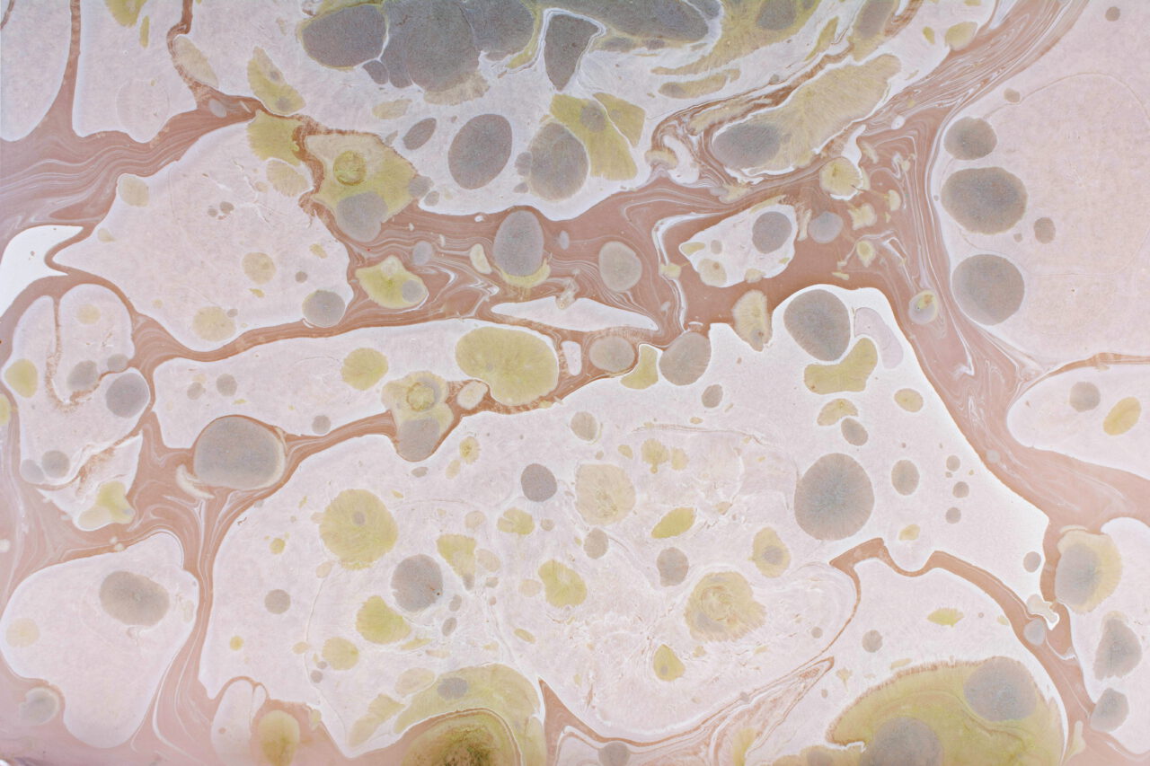 Abstrakte Oberfläche in zarten Rosa-, Beige- und Grautönen. Organische, kreisförmige Strukturen und fließende Linien erinnern an Luftaufnahmen von Flusslandschaften, geologische Formationen oder mikroskopische Zellstrukturen. Die feinen Farbverläufe und natürlichen Muster erzeugen eine ruhige, schwebende Atmosphäre.